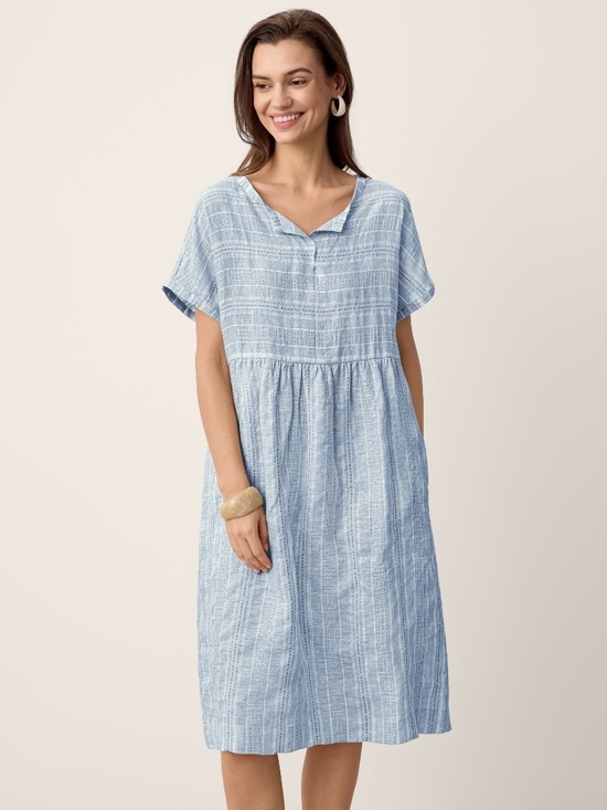 Lintico Dresses & Skirts - Linen Gathered-Hem Split-Neck Mini Dress SYDNEY